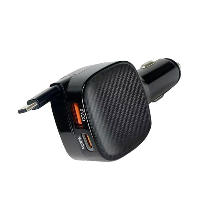 Black car charger with carbon-fiber textured face and metal plug connectors