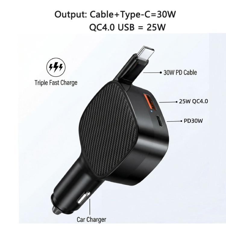 Black car charger with built-in cable and angled charging ports