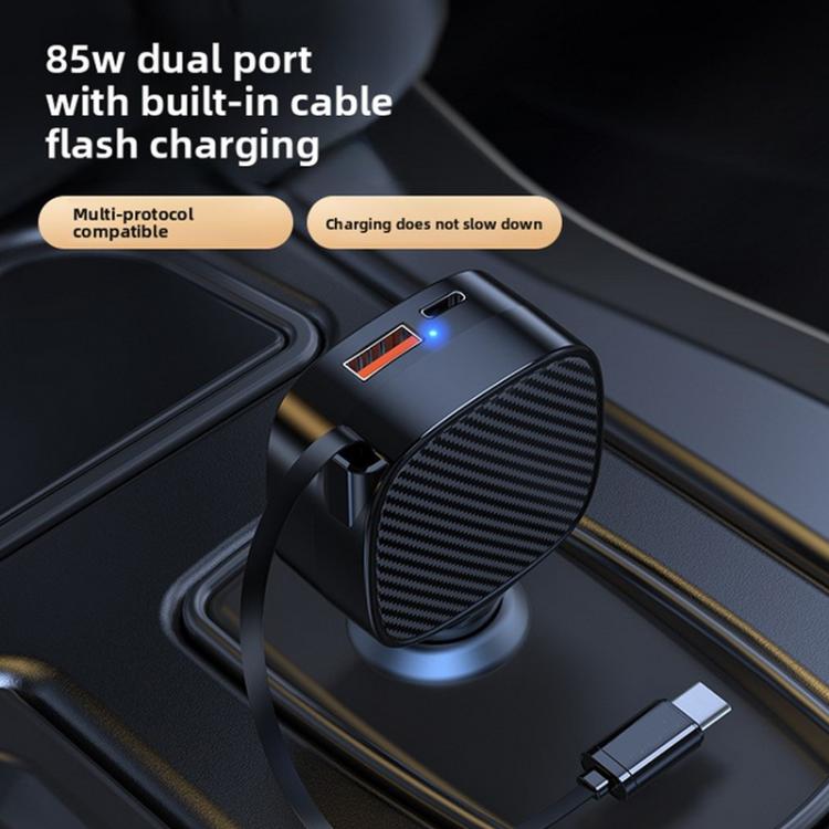 Black dual-port car charger with retractable cable and blue indicator LED