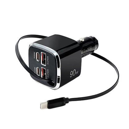 Black 90W 3-port USB car charger with Type-C cable, retractable design
