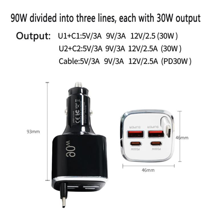 90W car charger with multi-port layout and cable, with size dimensions