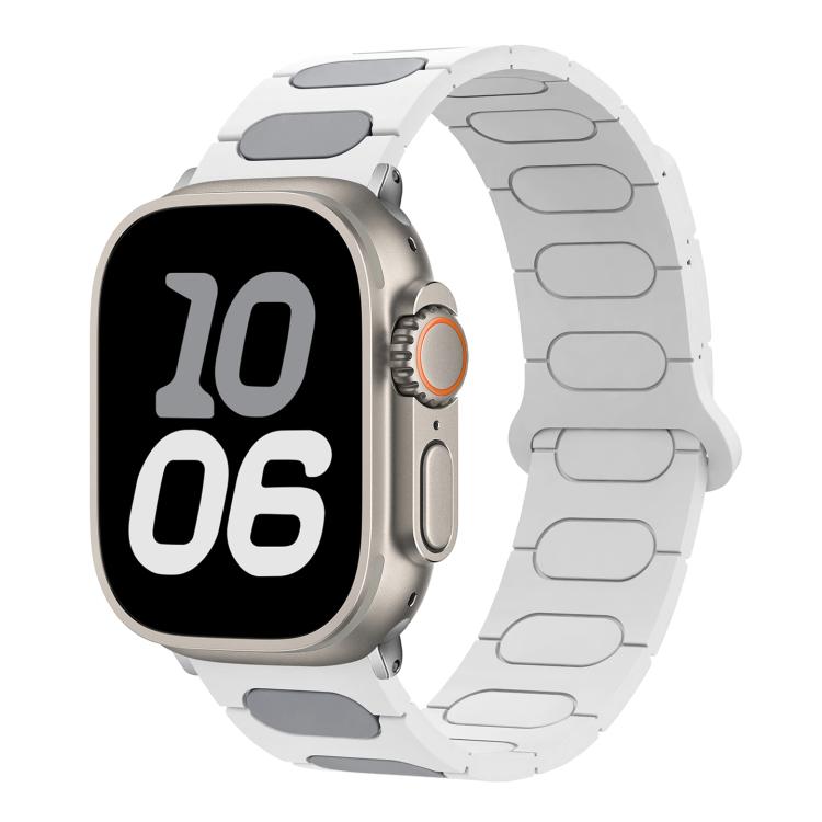 Oval magnetic silicone watch band in white and gray, shown on a smartwatch