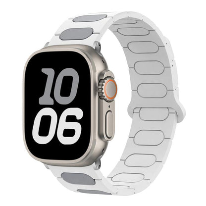 Oval magnetic silicone watch band in white and gray, shown on a smartwatch