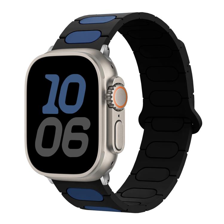 Oval magnetic silicone watch band in black with blue accents, shown on a smartwatch