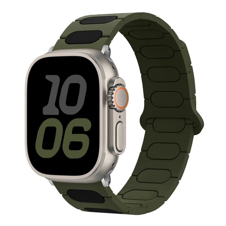 Oval magnetic silicone watch band in army green with black accents, shown on a smartwatch