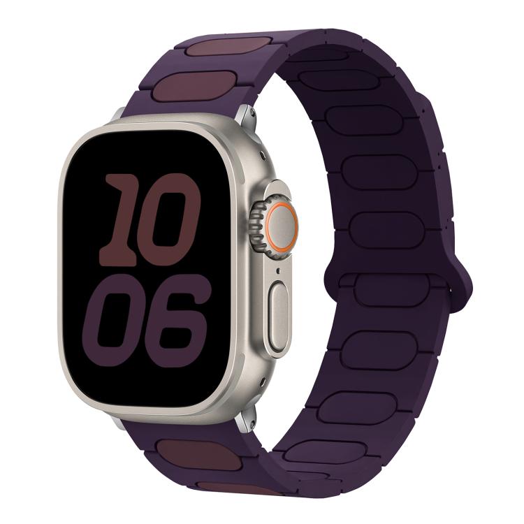 Oval magnetic silicone watch band in purple with berry accents, shown on a smartwatch