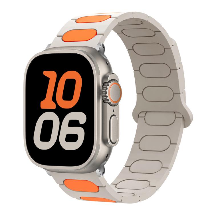 Oval magnetic silicone watch band in light gray with orange accents, shown on a smartwatch