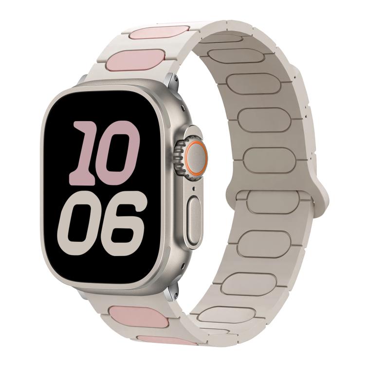 Oval magnetic silicone watch band in light gray with pink accents, shown on a smartwatch