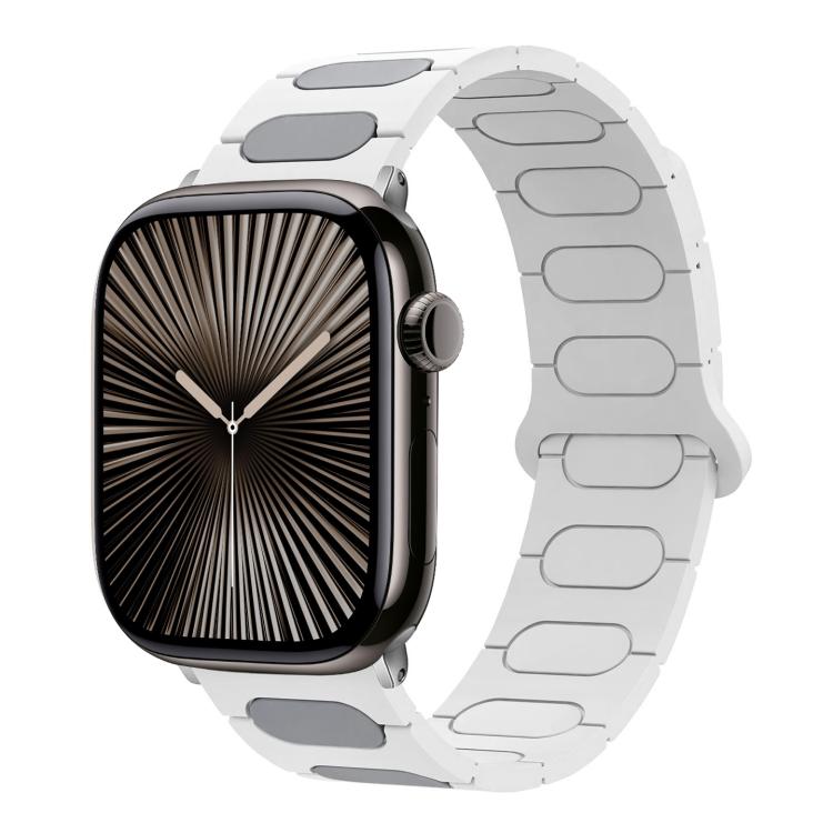 White and gray oval magnetic silicone watch band shown on a smartwatch with black case