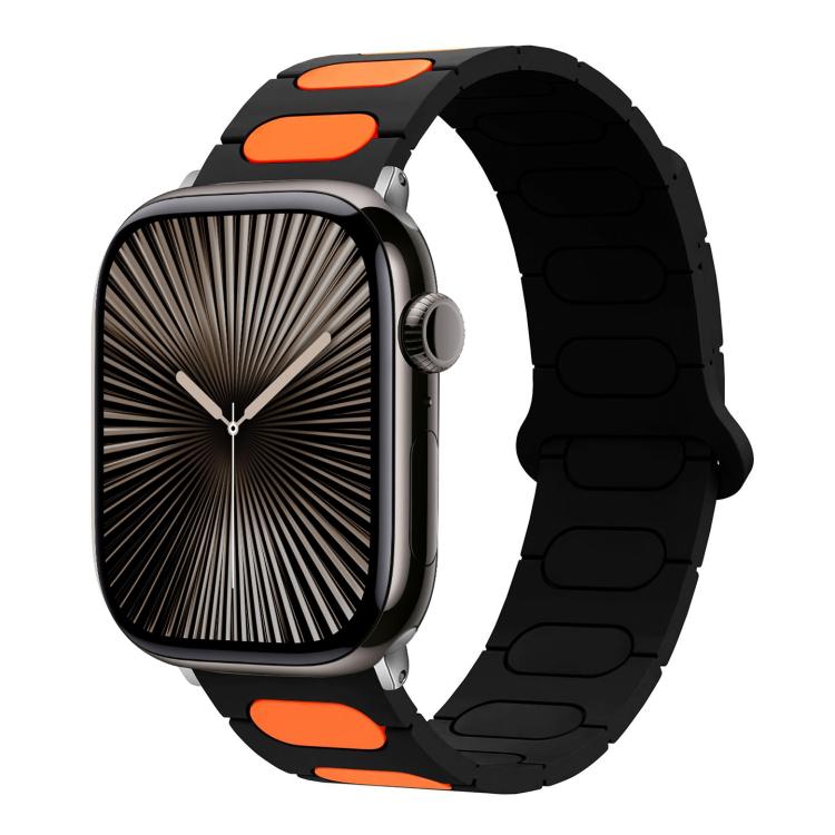 Black and orange oval magnetic silicone watch band shown on a smartwatch with black case
