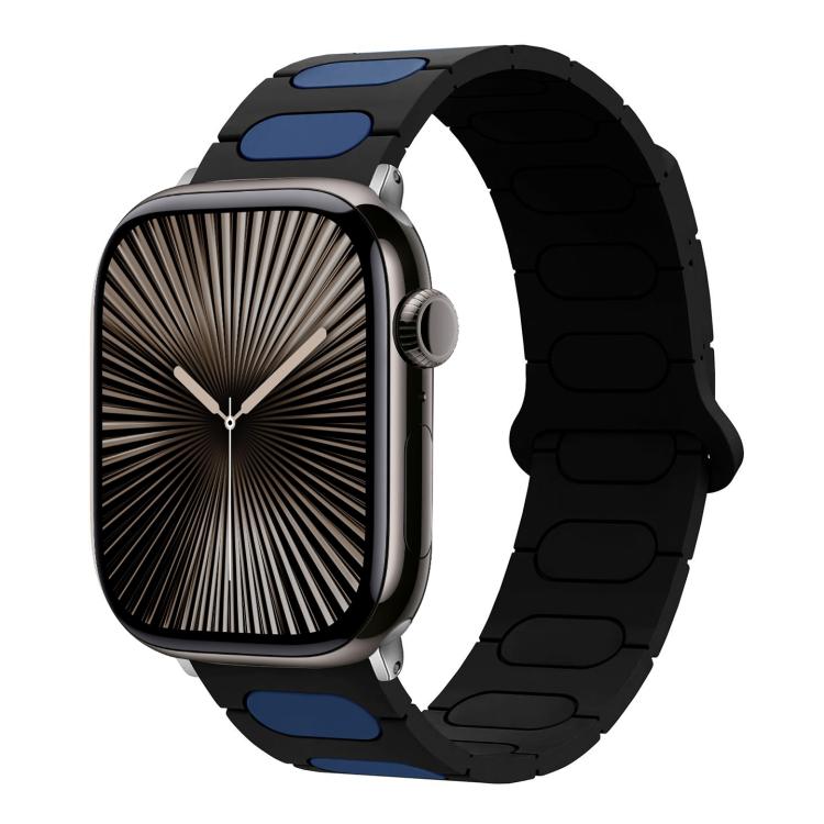 Magnetic silicone Apple Watch band in black with blue oval accents