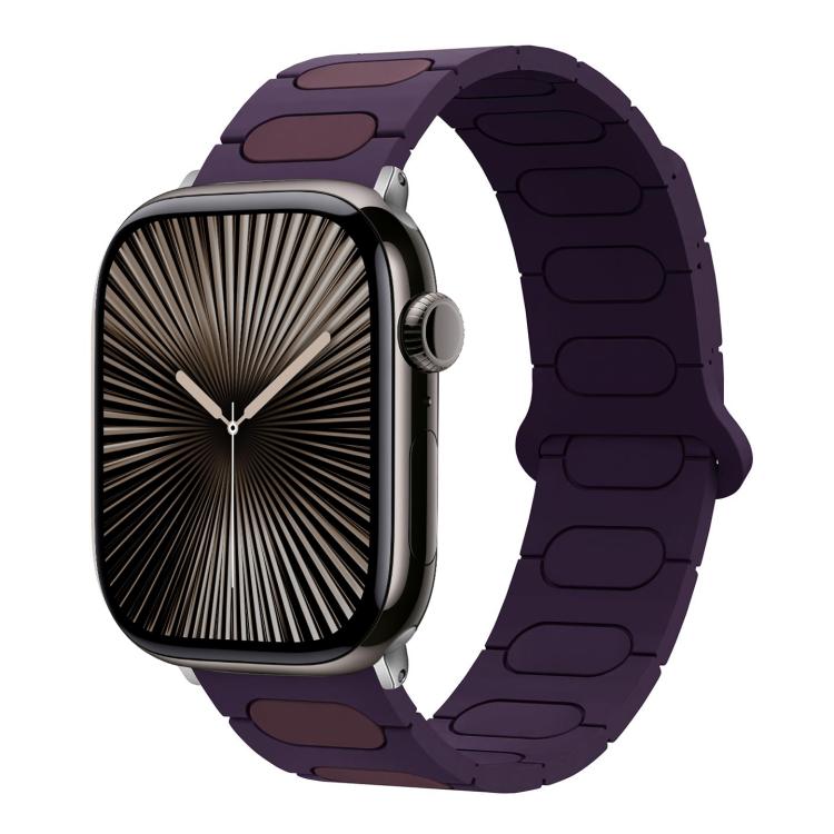 Purple silicone magnetic watch band with oval insets, shown on an Apple Watch.