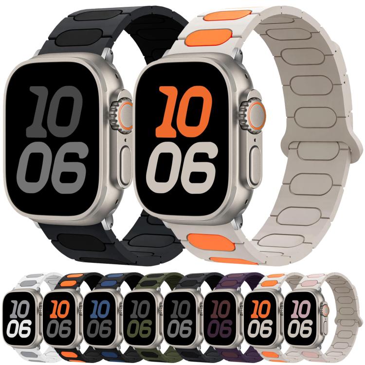 Magnetic silicone watch bands in black and light gray with orange insets, shown on watches.