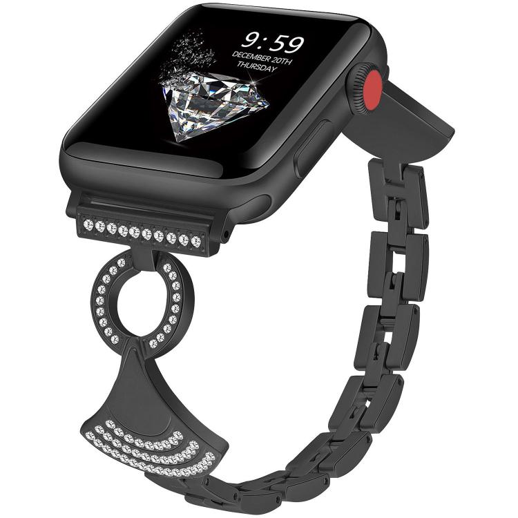 Black metal Apple Watch band with linked strap and crystal-studded decorative clasp