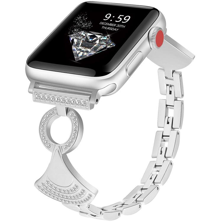 Silver metal Apple Watch band with linked strap and crystal-studded decorative clasp