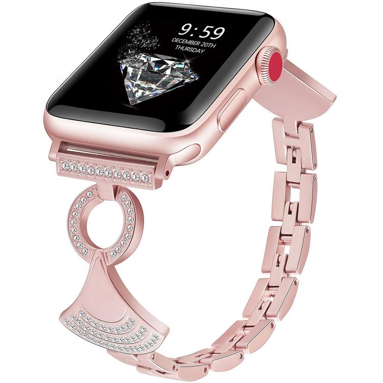 Rose pink metal Apple Watch band with linked strap and crystal-studded decorative clasp