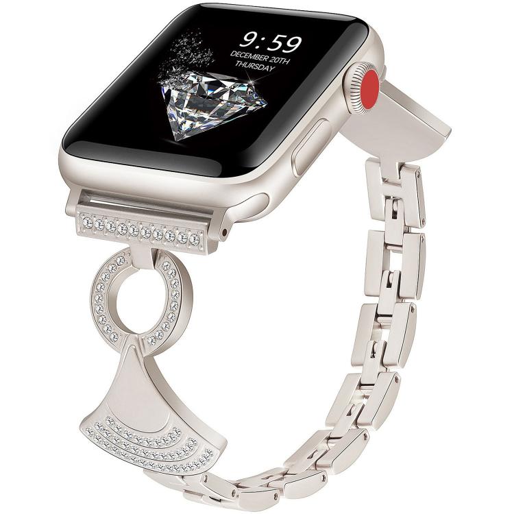Silver metal Apple Watch band with crystal accents and a fan-shaped pendant link