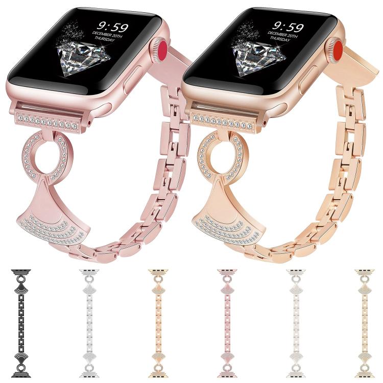 Apple Watch band in rose pink and gold tones, with crystal accents and decorative pendant links