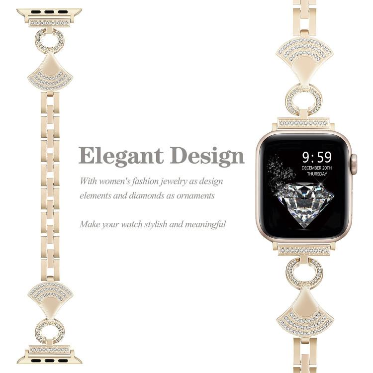 Champagne gold metal Apple Watch band with crystal accents and matching fan-shaped pendant links