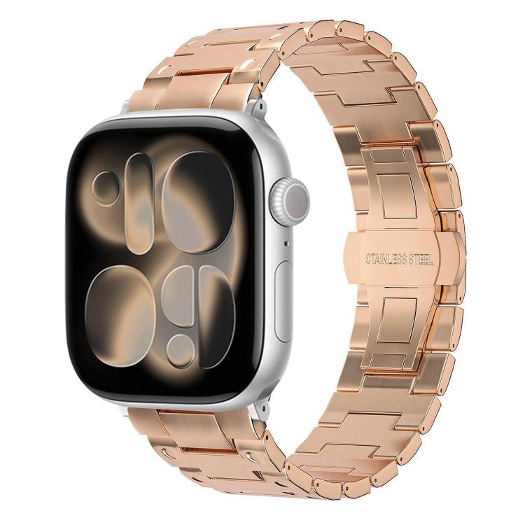 Rose gold metal link watch band on a smartwatch with blank display