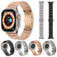 Metal watch bands in rose gold, silver, black, and gray, shown with Apple Watch examples