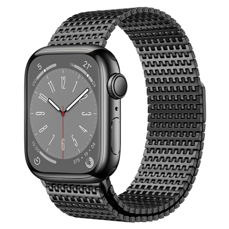 Black pin-chain metal watch band fitted to a dark smartwatch.