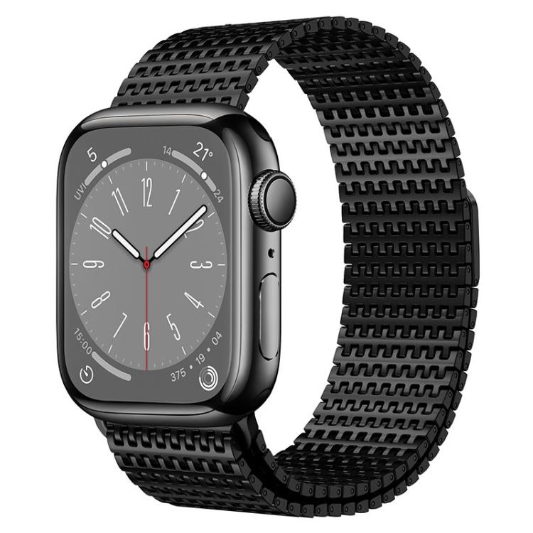 Black linked metal watch band shown on Apple Watch