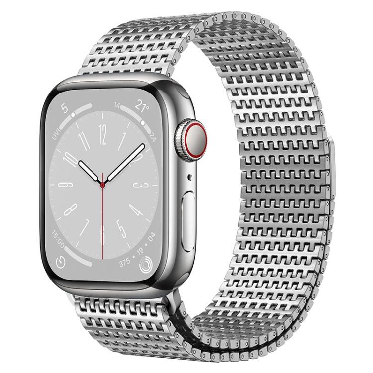 Silver linked metal watch band shown on Apple Watch