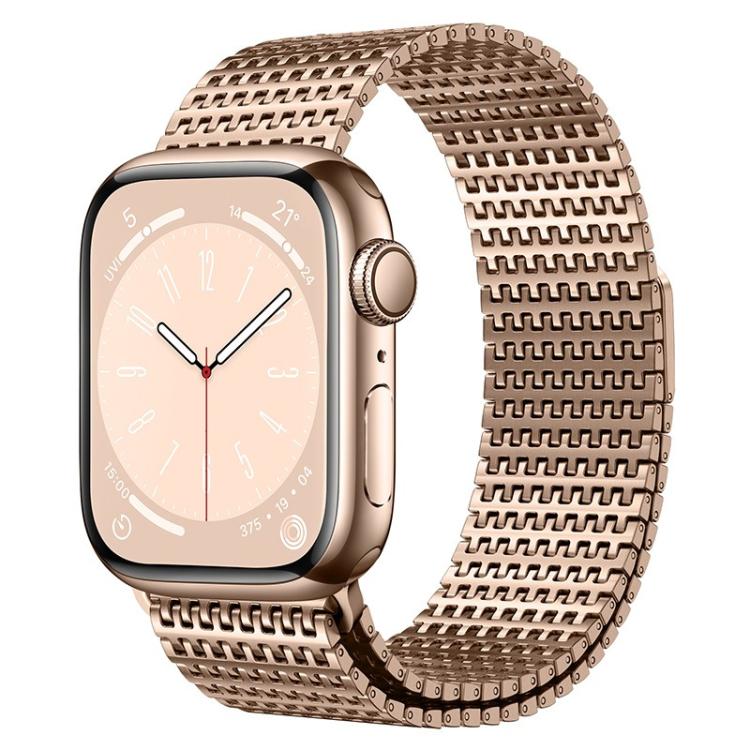 Rose gold linked metal watch band shown on Apple Watch