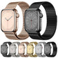 Pin-chain metal watch bands shown in rose gold, black, silver, and gold tones.