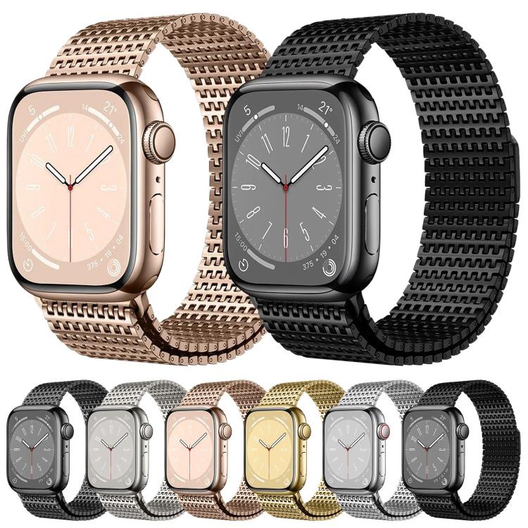 Pin-chain metal watch bands shown in rose gold, black, silver, and gold tones.