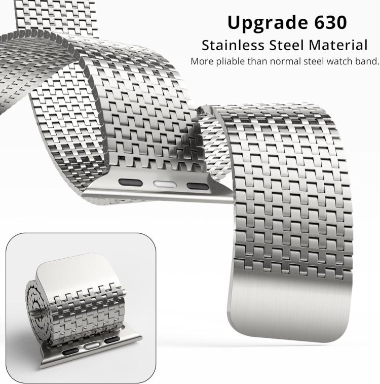 Silver pin-chain watch band shown close up with its linked design and connector.