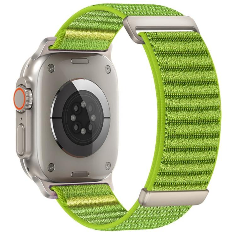 Apple Watch nylon hook-and-loop band in bright green with a two-section woven pattern.