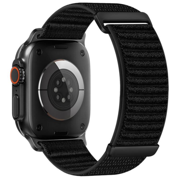 Apple Watch nylon hook-and-loop band in black with a two-section woven pattern.