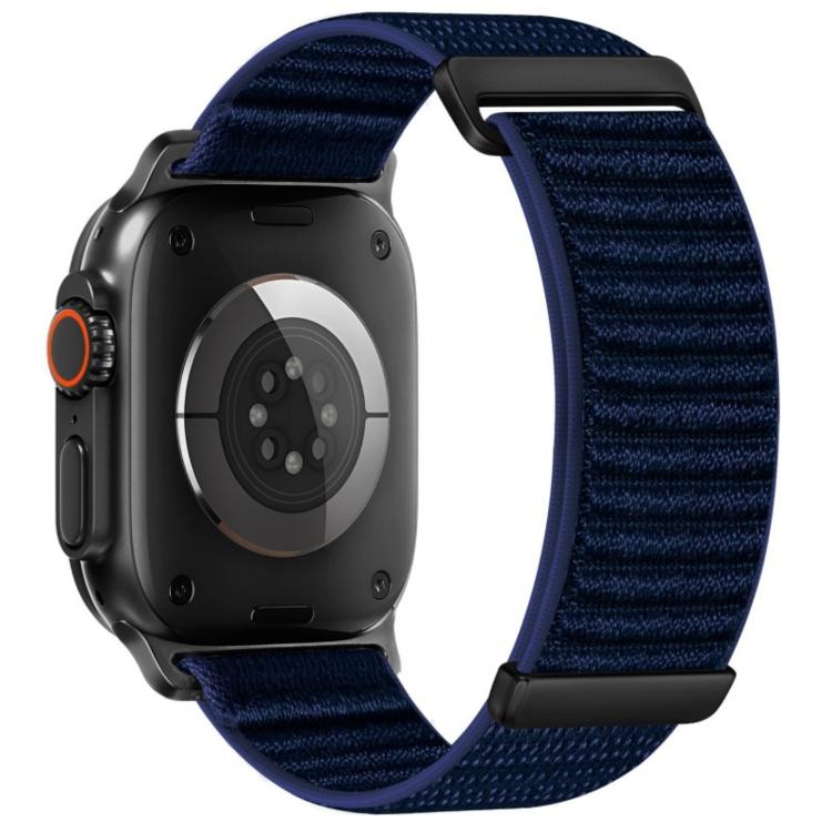 Apple Watch nylon hook-and-loop band in dark blue with a two-section woven pattern.