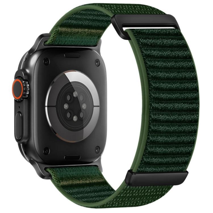 Apple Watch nylon hook-and-loop band in dark green with a two-section woven pattern.