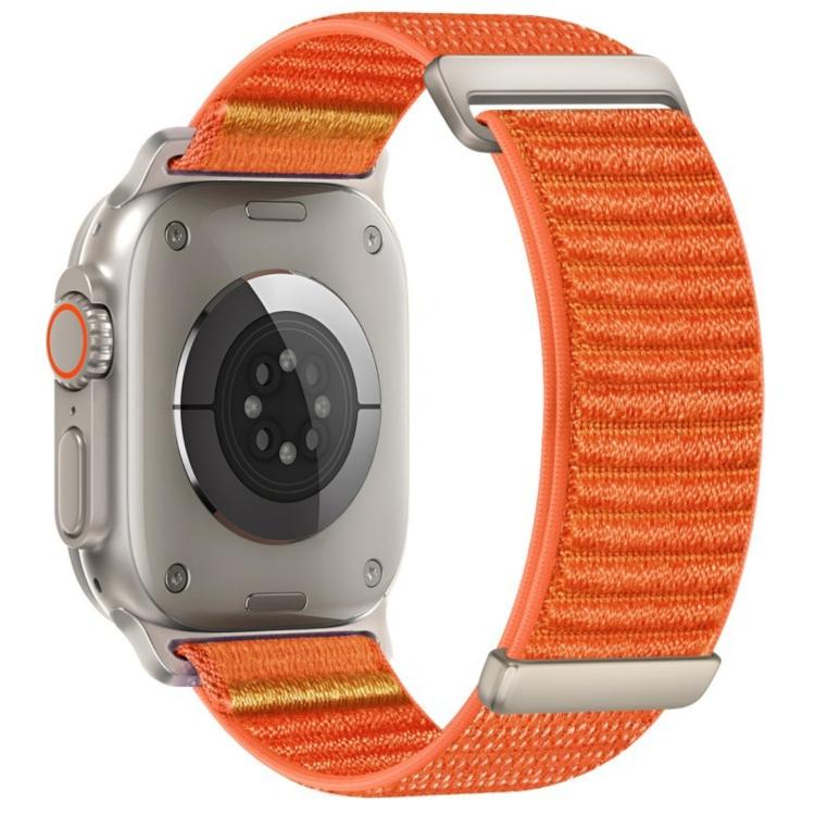 Apple Watch nylon hook-and-loop band in orange with a two-section woven pattern.