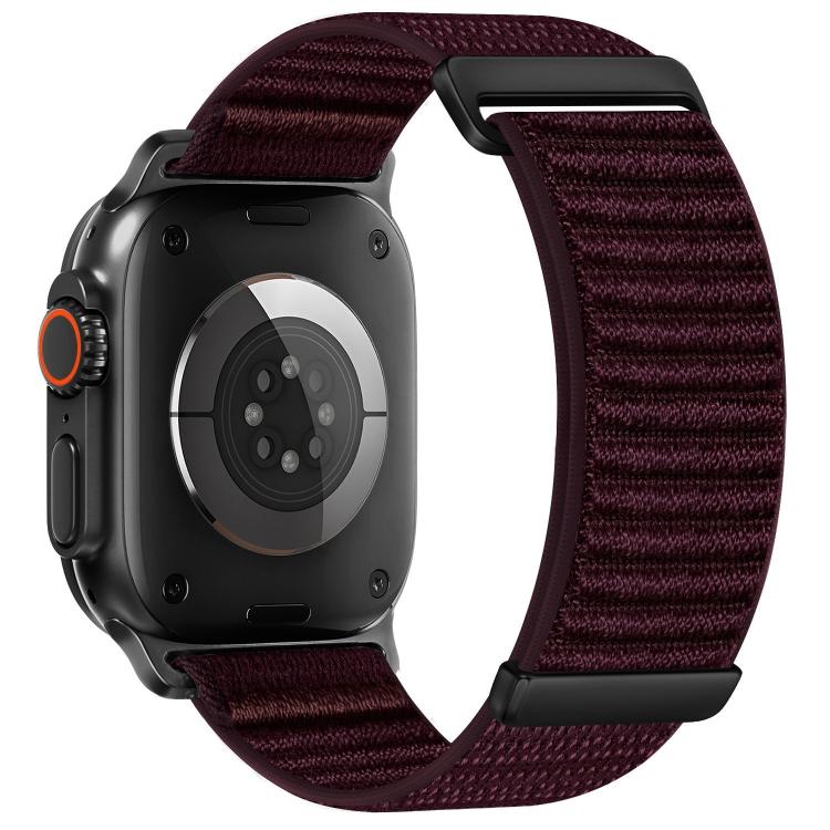 Apple Watch nylon hook-and-loop band in dark purple with a two-section woven pattern.