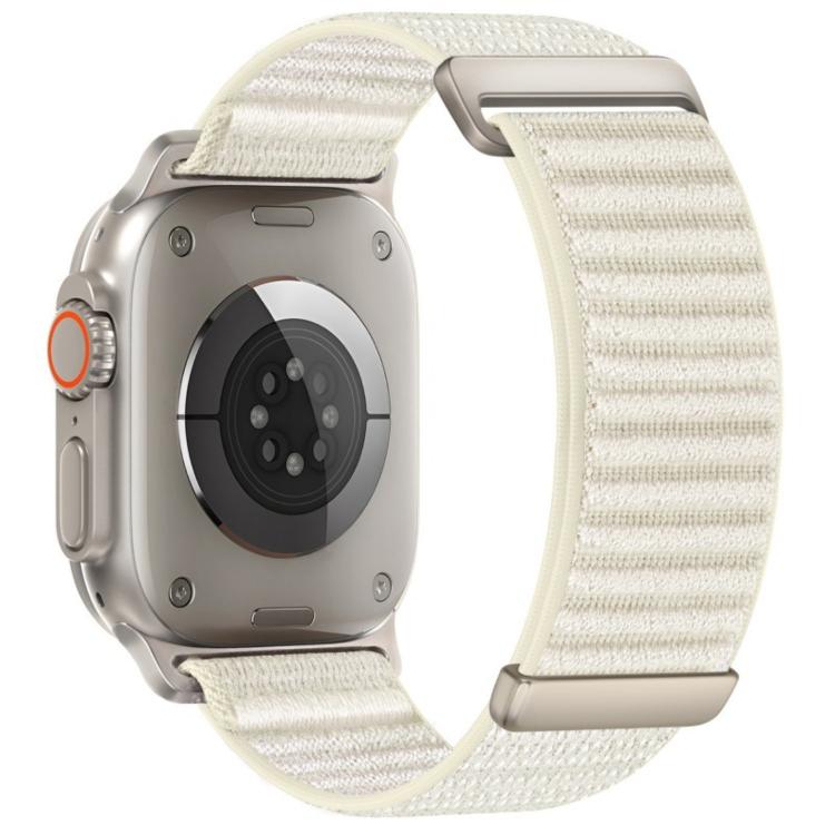Apple Watch nylon hook-and-loop band in off-white with a two-section woven pattern.