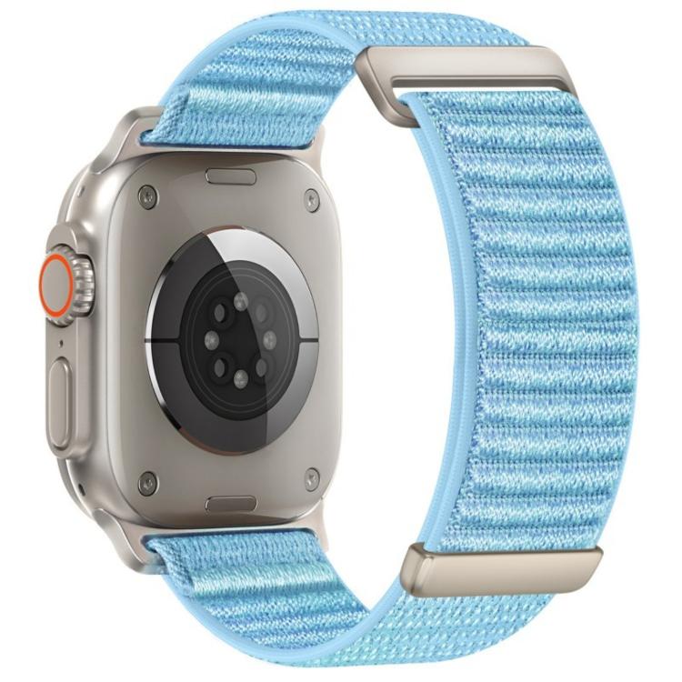 Apple Watch nylon hook-and-loop band in light blue with a two-section woven pattern.