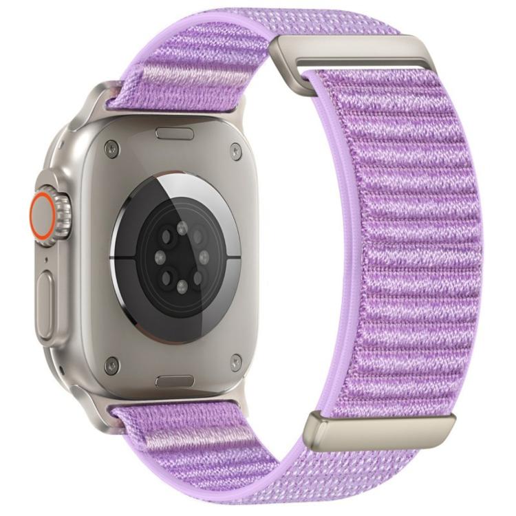 Purple nylon hook-and-loop watch band with two-section mountain pattern, shown on a smartwatch