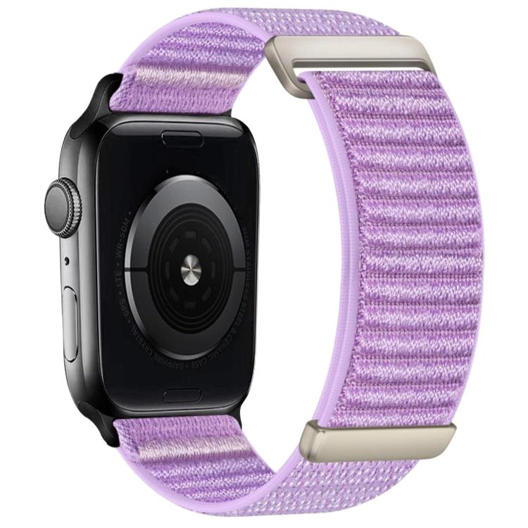 Purple woven nylon Apple Watch band with hook-and-loop closure, shown attached to a watch