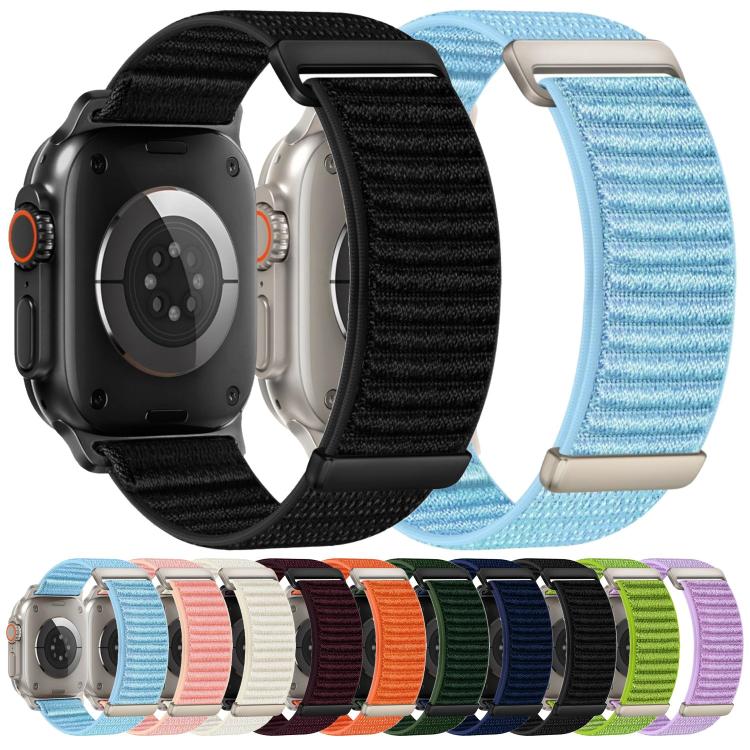 Woven nylon Apple Watch bands in black, blue, and assorted colors, shown on watches