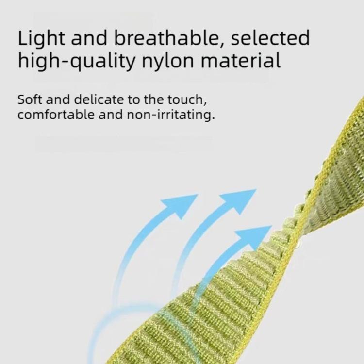 Close-up of a green woven nylon Apple Watch band