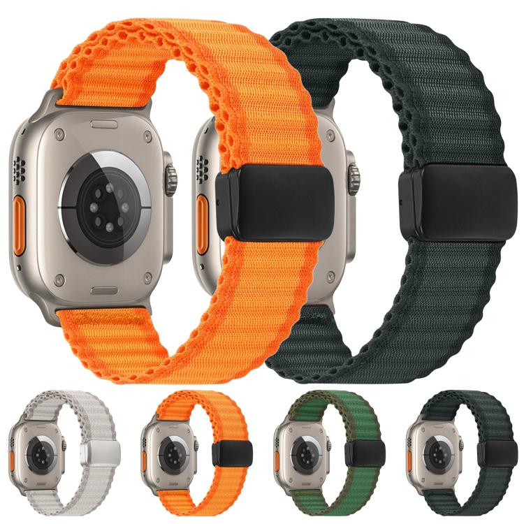 Braided nylon Apple Watch bands in orange, dark gray, white, and green