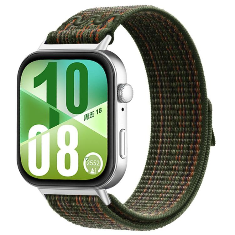 Woven watch band in dark green with subtle orange flecks, shown on a smartwatch