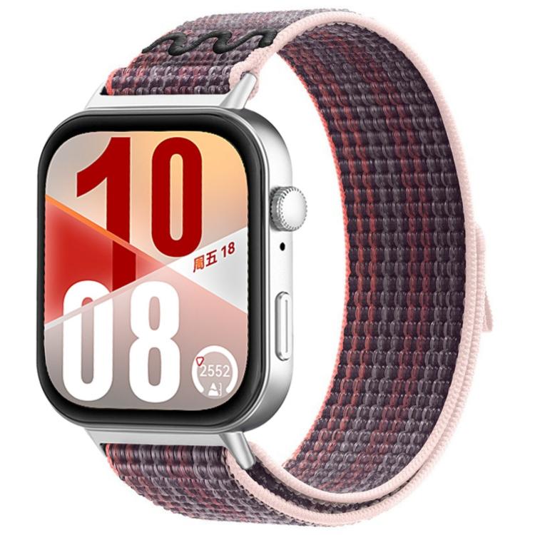 Woven watch band in dark purple with pink edging, shown on a smartwatch