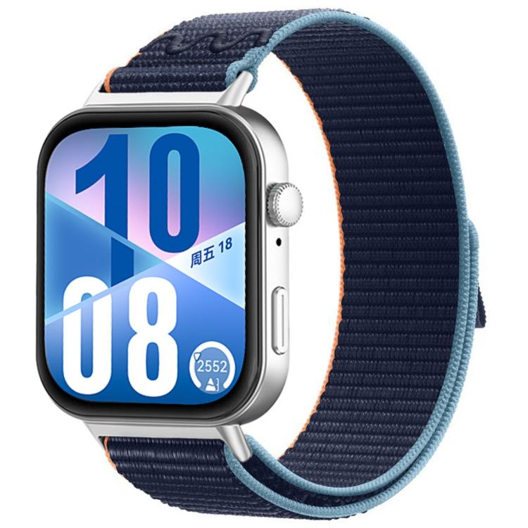 Navy woven watch band with light blue edging and orange accents, shown on a smartwatch