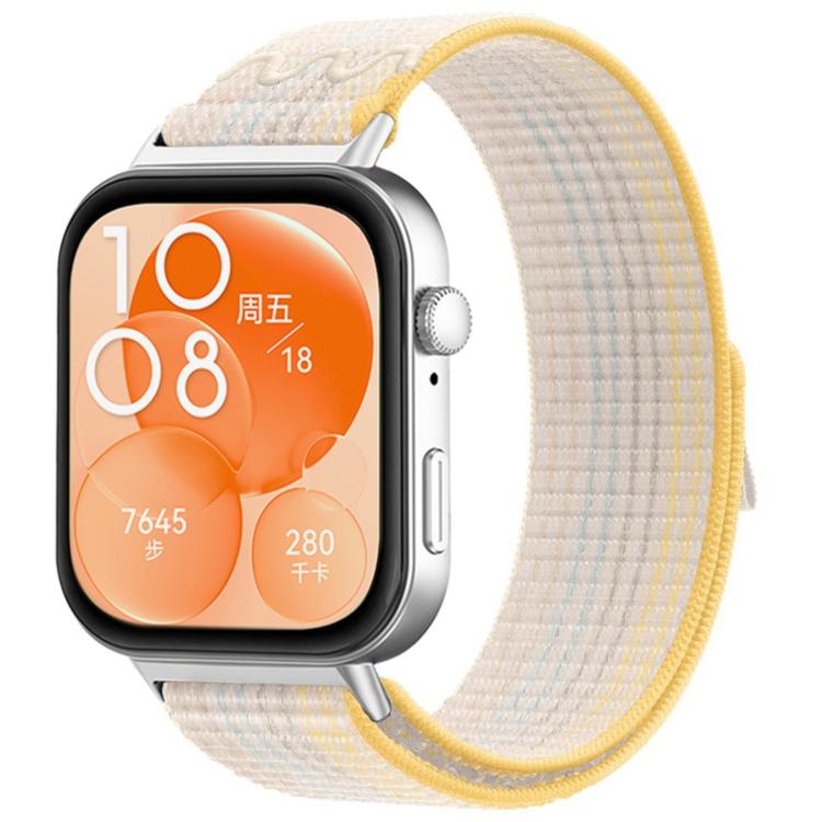 Cream woven watch band with yellow trim, shown on a smartwatch