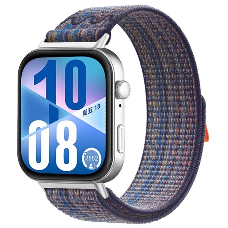 Woven watch band in navy and blue with orange flecks, shown on a smartwatch